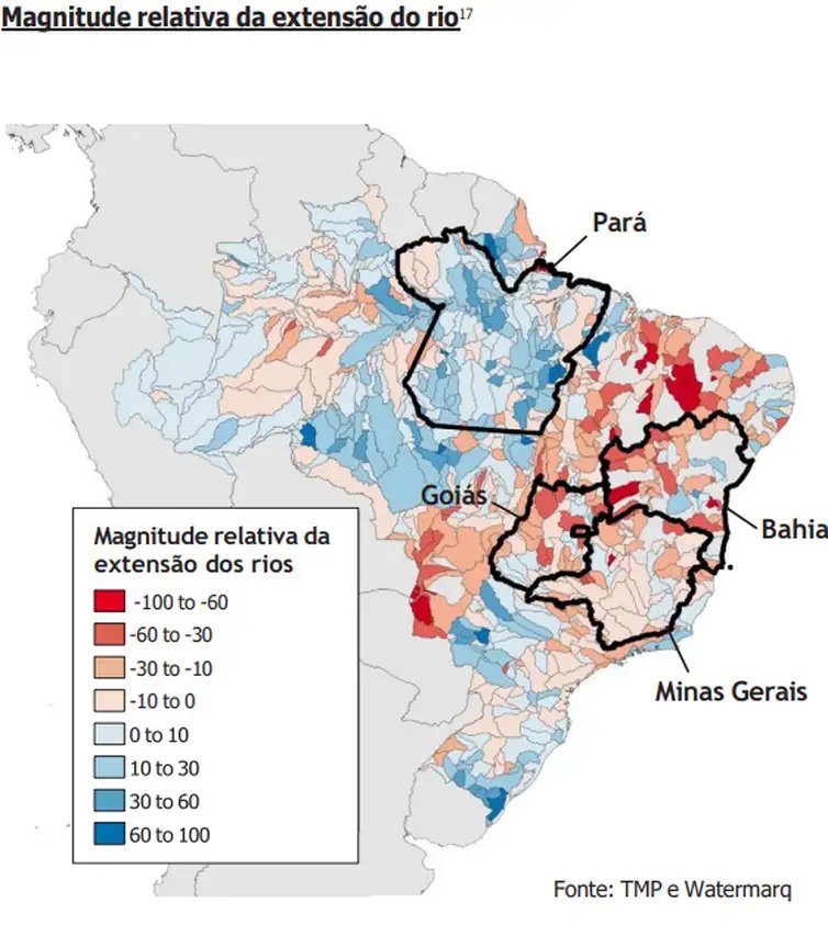 Brasília (DF), 22/04/2025 - De 32% a 39% das sub-bacias de Minas Gerais, Goiás e Bahia registraram um declínio na extensão dos rios em um nível considerado de “alto risco” (ou seja, um declínio de mais de 10%), entre o final do século 20 e o início do século 21. Arte: TMP e Watermarq/Divulgação