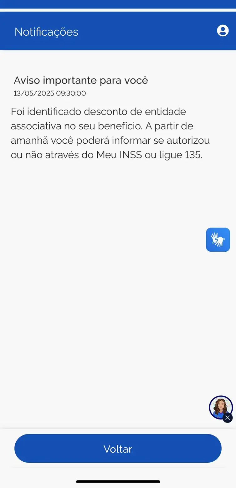 INSS/Divulgação Brasília (DF), 13/05/2025 - Aplicativo do INSS mostra uma notificação para pessoas que sofreram descontos feitos por associações em seus benefícios. Foto: INSS/Divulgação