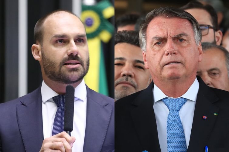 Brasília (DF), 20/08/2025 - Montagem com foto do deputado federal Eduardo Bolsonaro e o ex-presidente da República, Jair Bolsonaro. Foto: Zeca Ribeiro/Câmara dos Deputados e Lula Marques/Agência Brasil